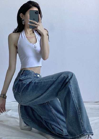 Blue High Waist Draping Cotton Denim Wide Leg Pants Summer