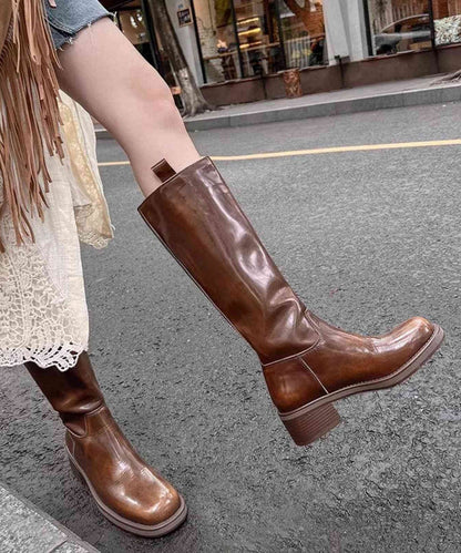 Brown High Boots Chunky Heel Faux Leather Splicing