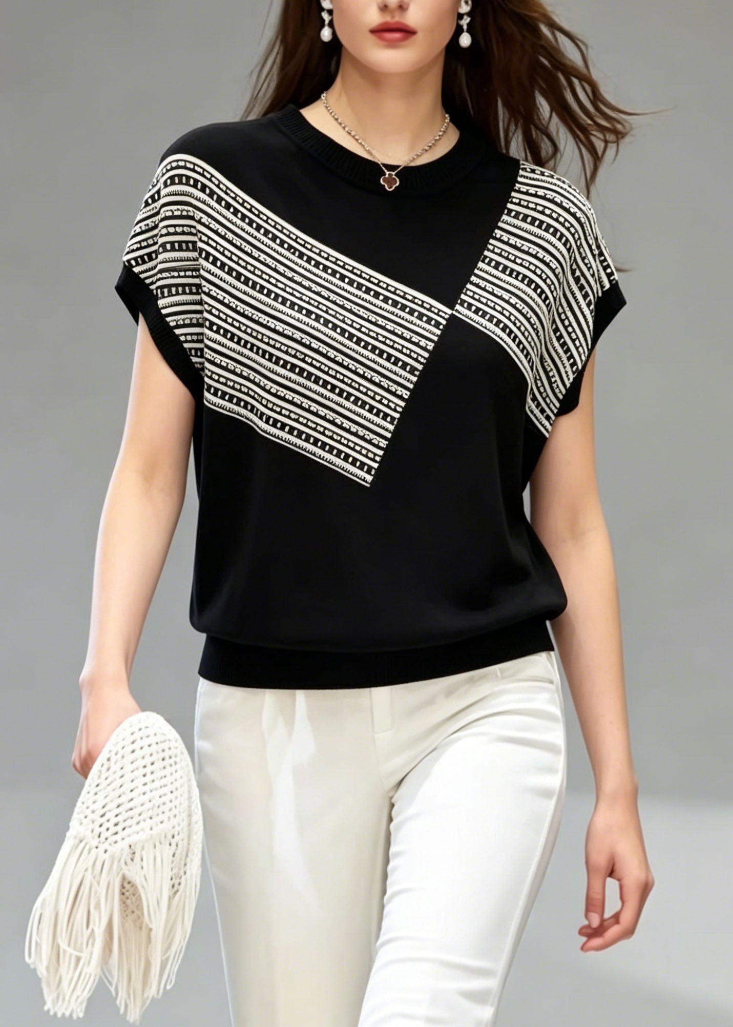 Black O Neck Striped Thin Knit T Shirt Top Summer