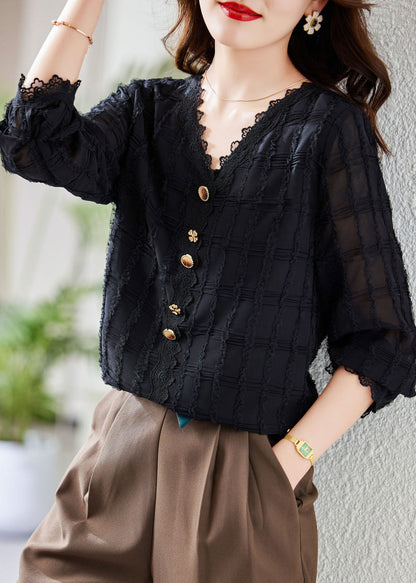 White V Neck Lace Patchwork Button Chiffon Shirt Fall