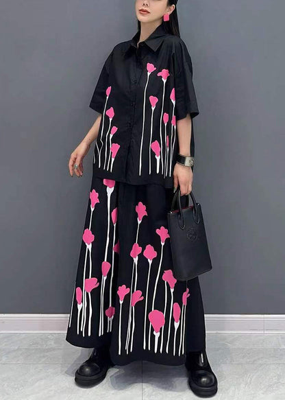 Black Print Shirt and Skirts Two Pieces Set Summer
