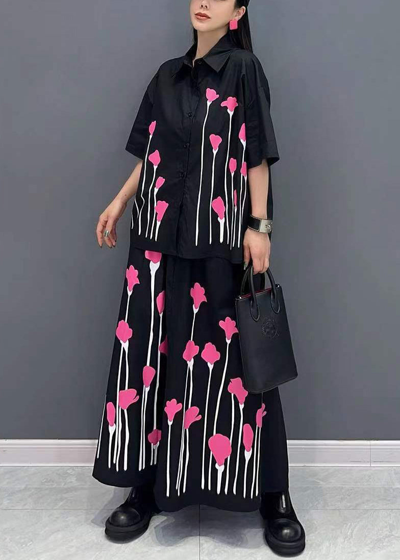 Black Print Shirt and Skirts Two Pieces Set Summer