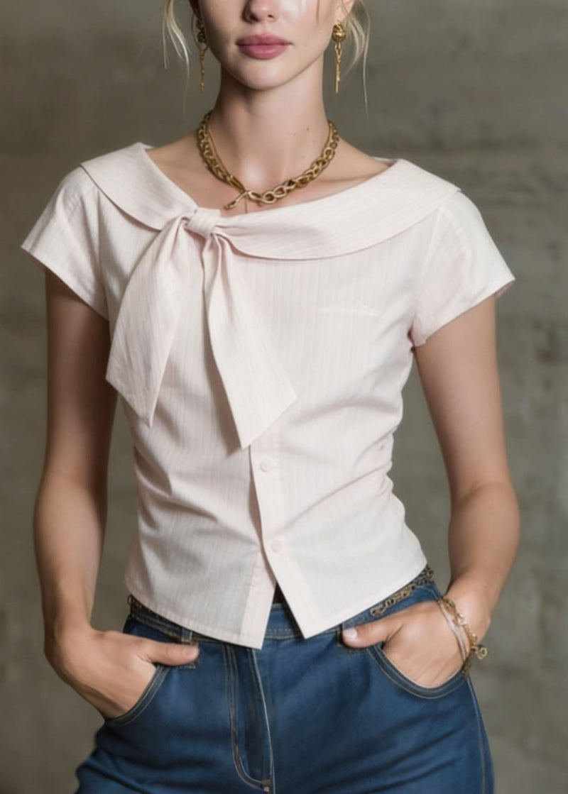 French Pink O Neck Bow Button Cotton Tops Summer