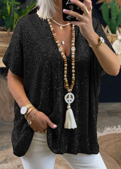 Gold V Neck Sequins Tops Summer
