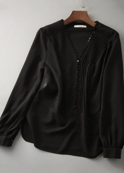 Black V Neck Wrinkled Button Silk Shirts Long Sleeve