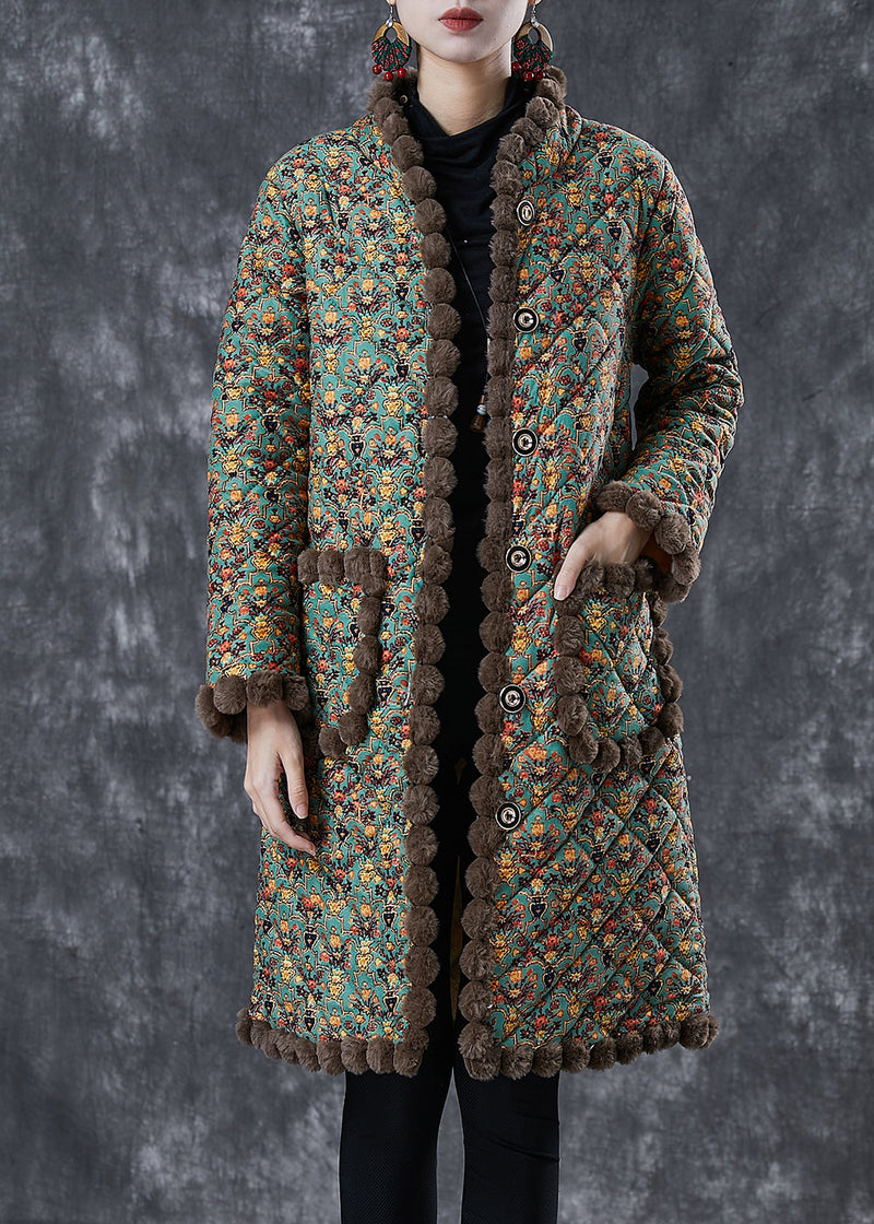 Art Green Oversized Print Warm Fleece Coat Winter