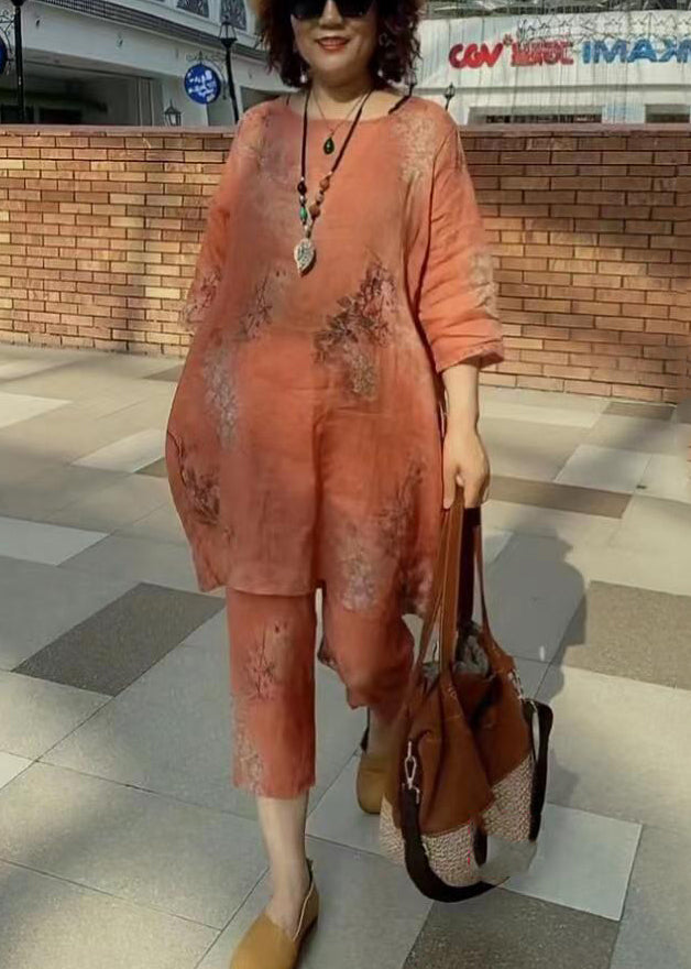 Orange O-neck Print Linen Tops and Harem Pants Two-piece Set Summer
