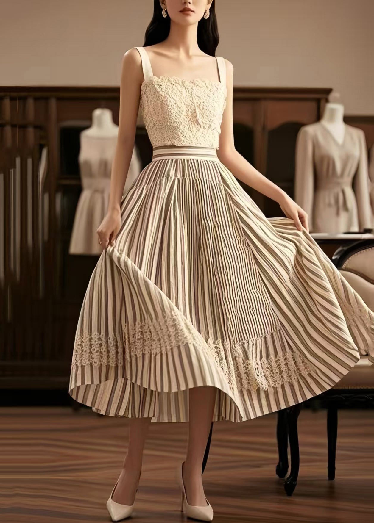 Apricot Striped Exra Large Hem Cotton Skirts Summer