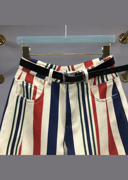 Striped Pockets Patchwork High Waist Denim Pants Fall
