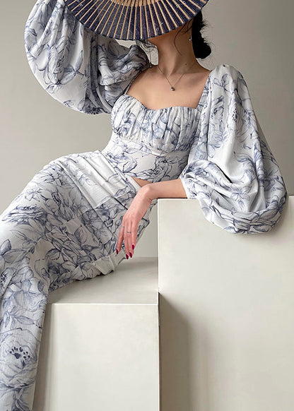 Stylish Blue Square Collar Print Tops and Skirts Chiffon Two Pieces Set Spring