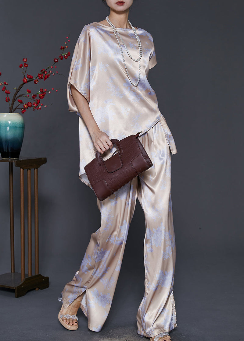 Apricot Asymmetrical Patchwork Print Draping Silk Two Pieces Set Summer