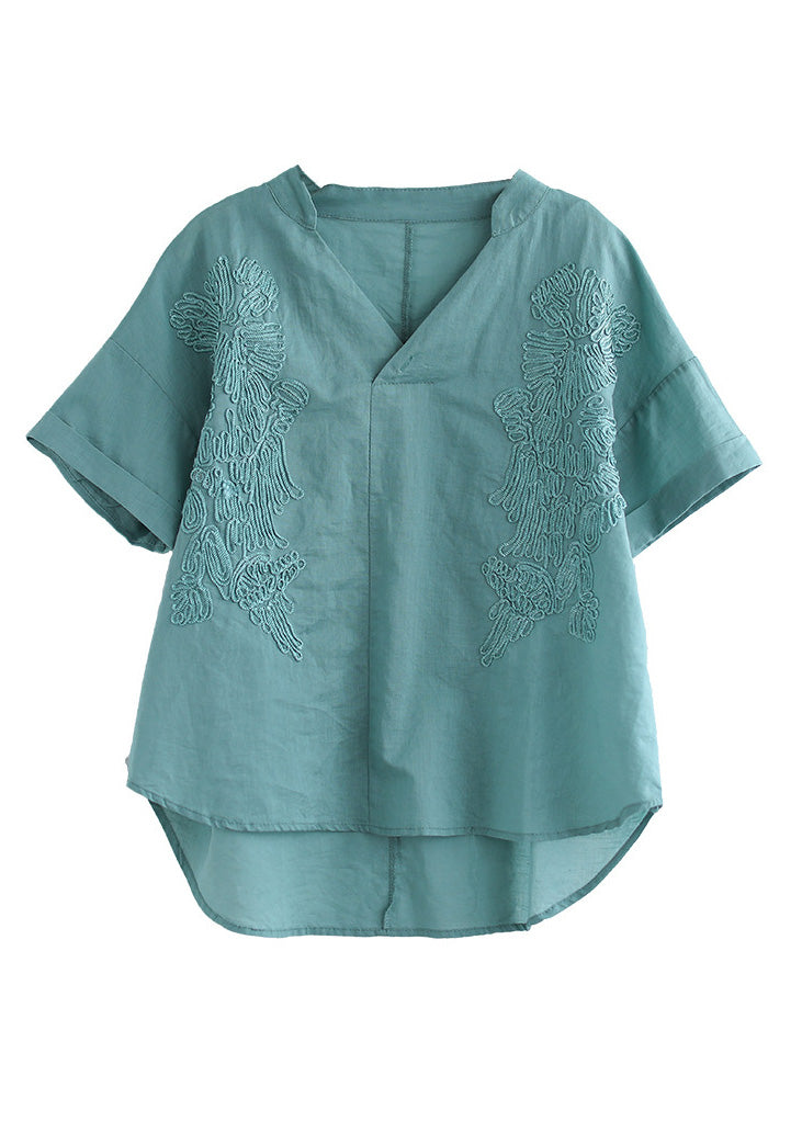 Organic Blue V Neck Embroideried Low High Design Shirts Summer