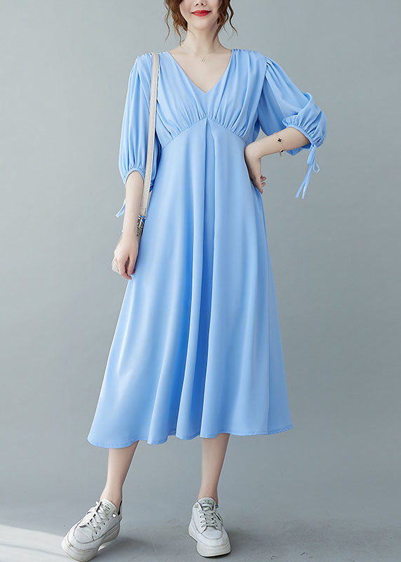 Blue V Neck Wrinkled Chiffon Long Dresses Bracelet Sleeve