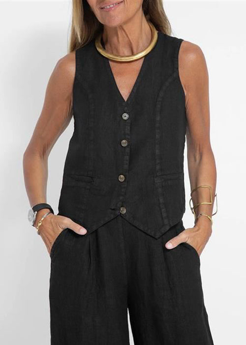 Simple Black Button Waistcoat and Pants Linen Two Pieces Set Summer