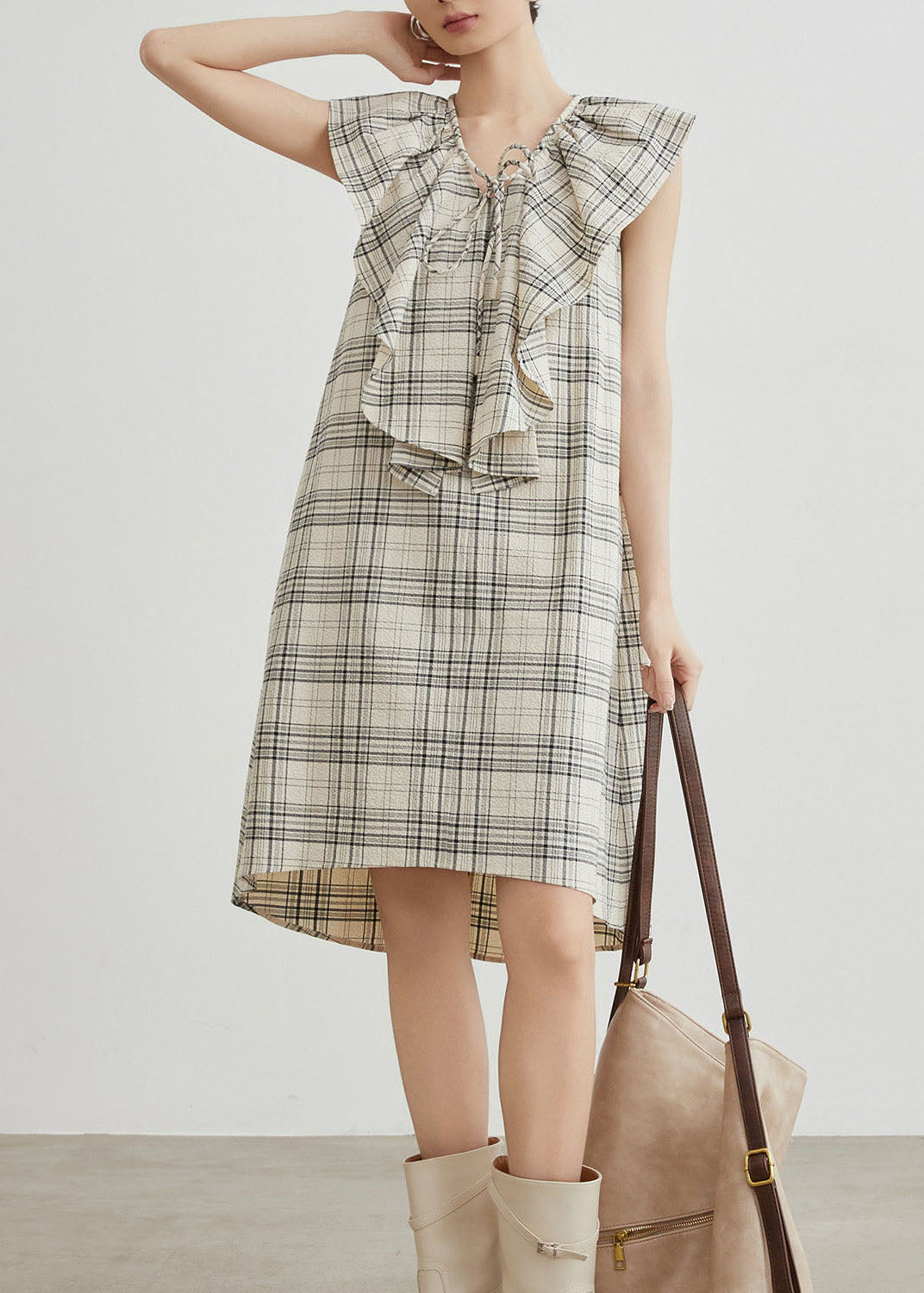 Apricot Ruffled Plaid Cotton Mid Dresses Summer