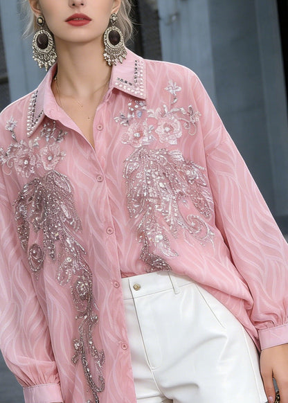New Pink Peter Pan Collar Nail Bead Sequins Shirts Spring