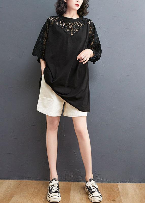 Black O-neck Hollow Out Half Sleeve Cotton Summer Top