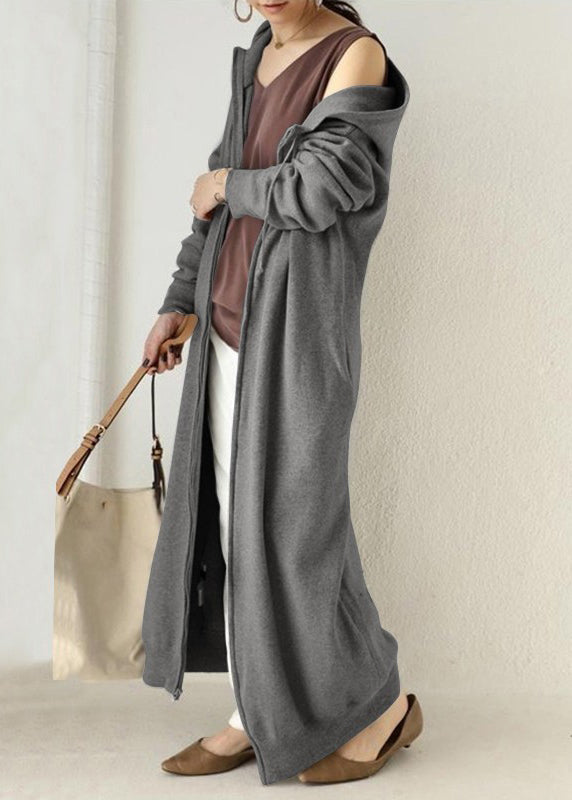 Loose Grey Hooded Zippered Pockets Cotton Long Coats Spring