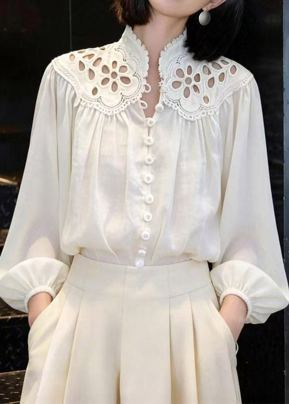 White Embroidered Hollow Out Lantern Shirt Spring