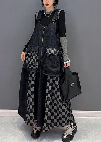 Black Patchwork Cotton Denim Strap Dresses Spring