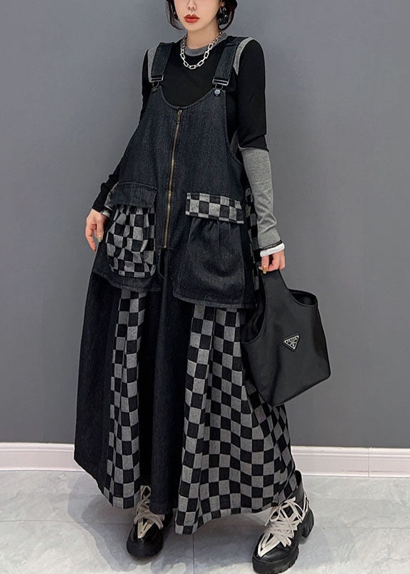 Black Patchwork Cotton Denim Strap Dresses Spring