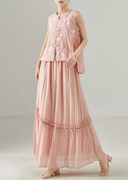 Art Pink Embroidered Ruffled Silk Two Piece Set Clothing Summer