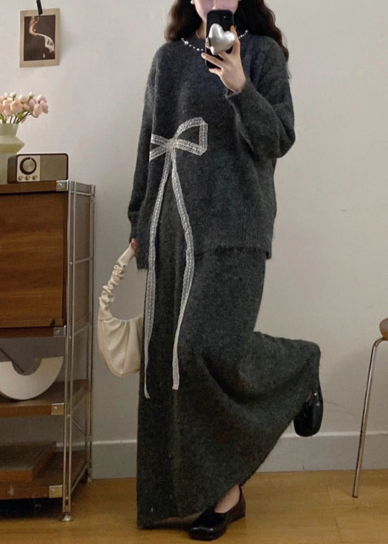 Charcoal Grey Knit Two Piece Set Clothing Oversized Bow Print Winter