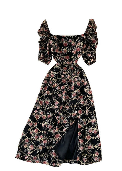 Apricot Square Collar Print Tunic Chiffon Maxi Dresses Short Sleeve