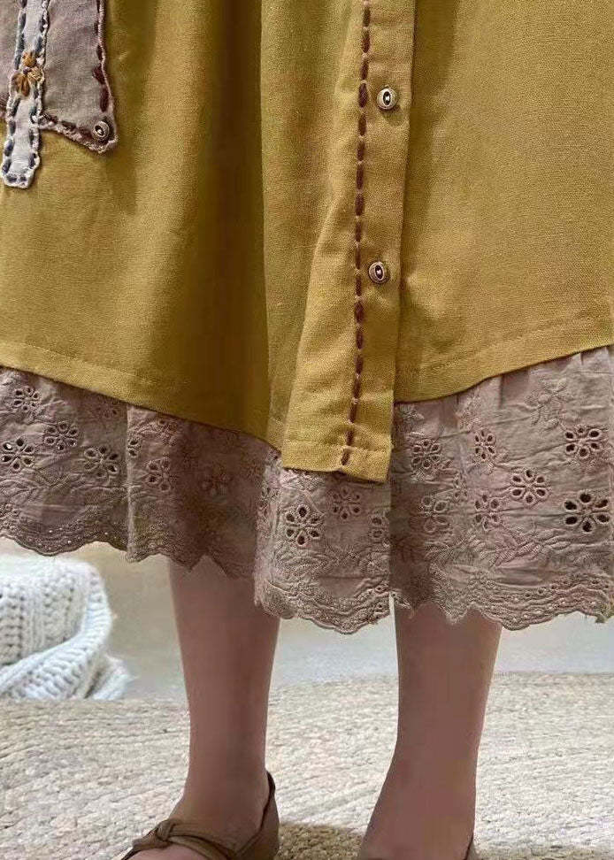 Yellow Embroideried Hollow Out Cotton Skirt Spring
