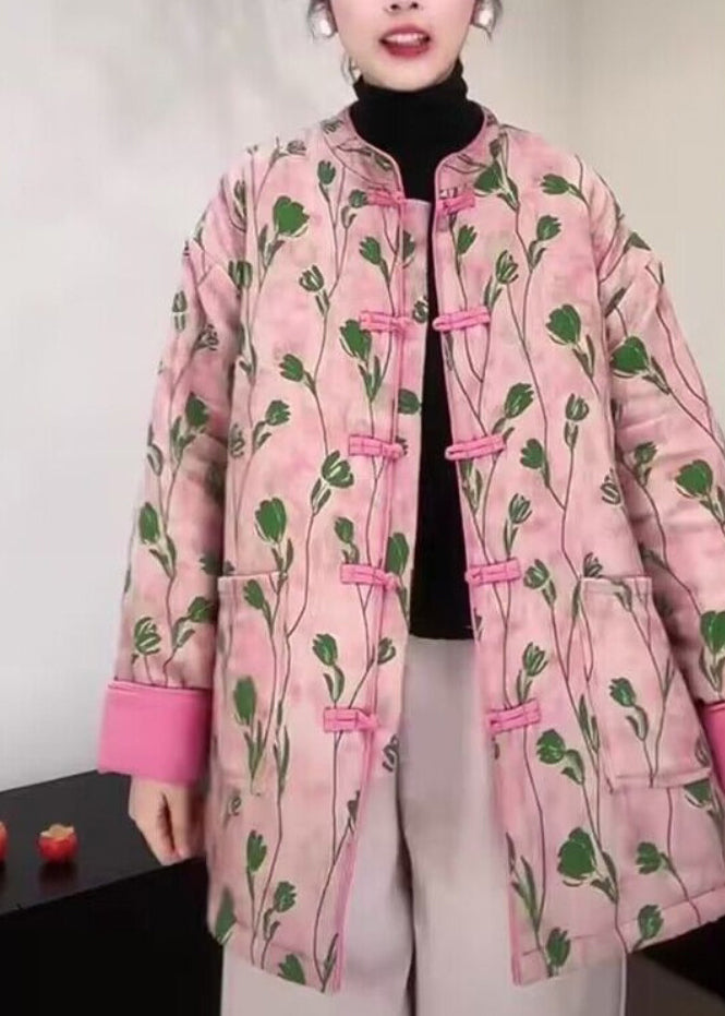 Pink Stand Collar Pockets Print Fine Cotton Filled Coat Winter
