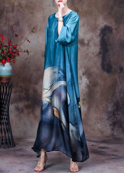 Blue O-neck Layered Design Print Silk Dresses for Bracelet Sleeve