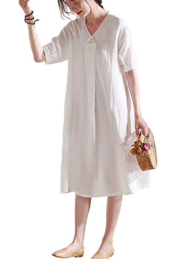 Diy White V Neck Lantern Sleeve Summer Linen Maxi Dress Half Sleeve
