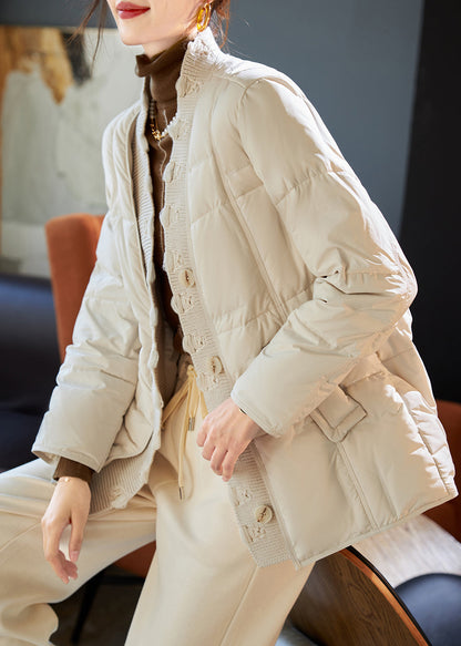 Beige V Neck Patchwork Duck Down Puffers Jackets Winter