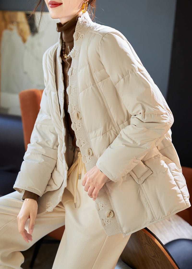 Beige V Neck Patchwork Duck Down Puffers Jackets Winter