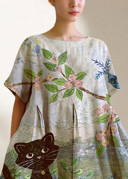 Natural Oversized Cats Print Cotton Long Dress Summer