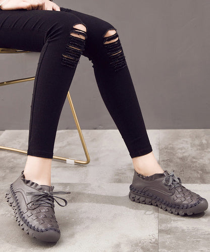 Diy Beige Cowhide Leather Flat Shoes for Knit Fabric Lace Up Flat Shoes