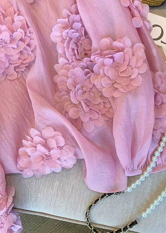 Unique Pink O Neck Decorated Chiffon Shirt Tops Spring