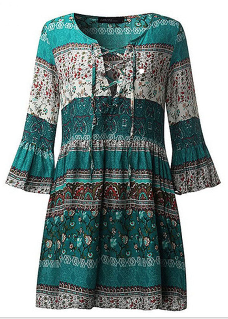 Green Print Lace Up Chiffon Vacation Mid Dresses Flare Sleeve