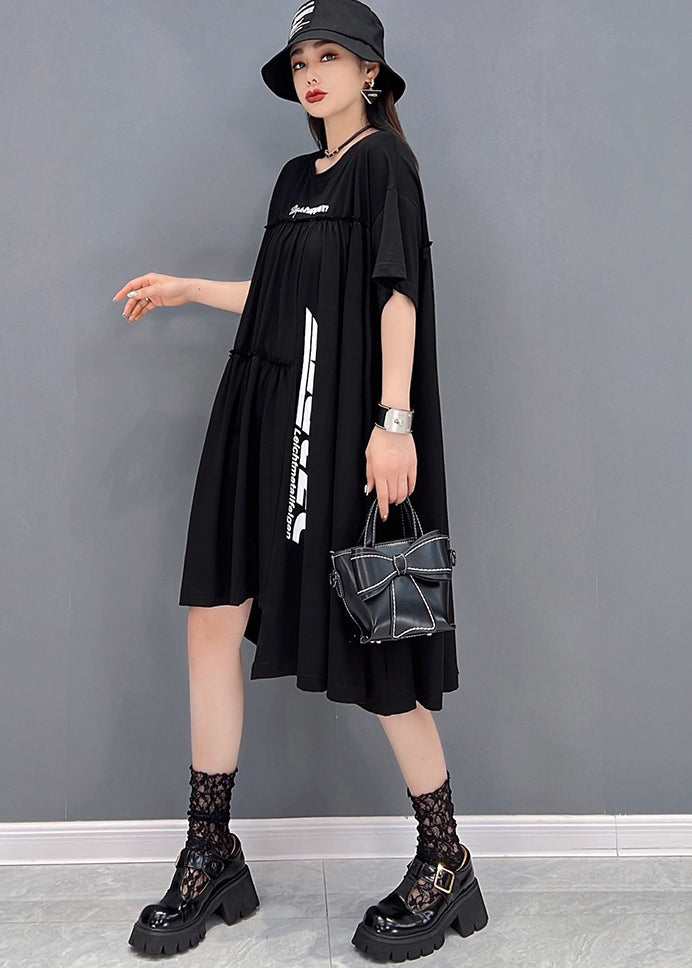 Black Asymmetrical Wrinkled Letter Print Cotton Dresses Short Sleeve