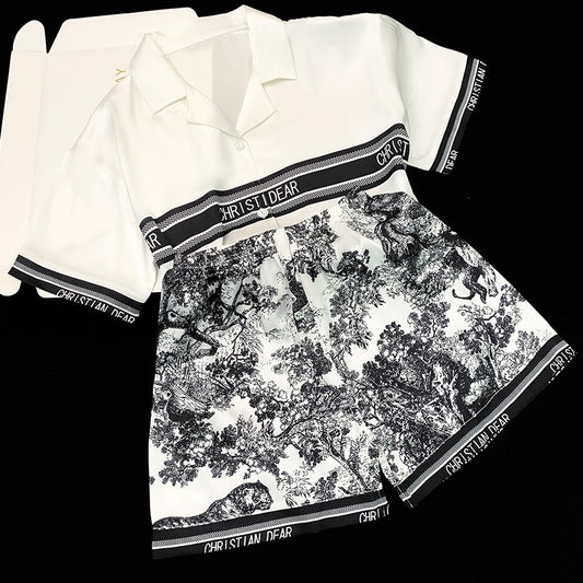 French White Zip Up Print Two Pieces Set Half Sleeve