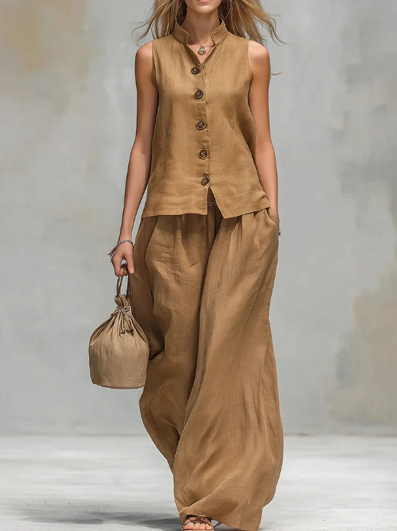 Coffee Stand Collar Asymmetrical Patchwork Linen Waistcoat and Crop Pants Two Pieces Set Summer