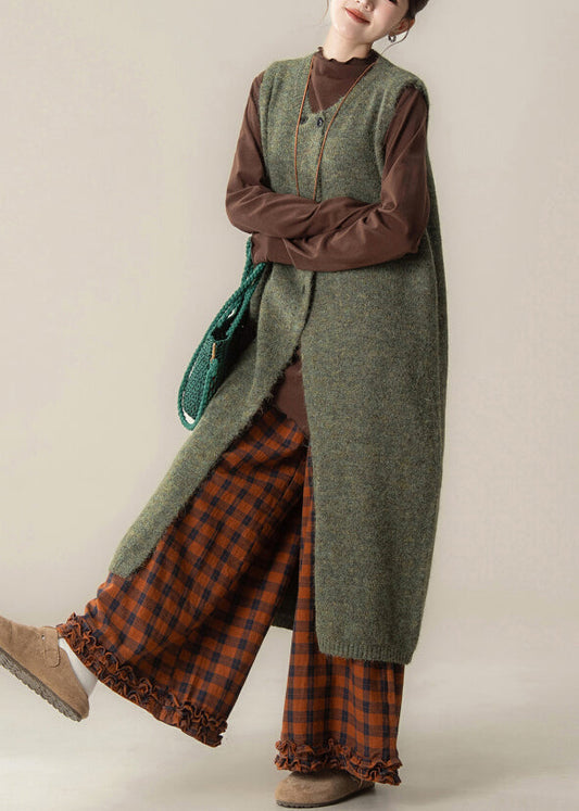 Style Green O-neck Cotton Knit Long Sweaters Dress ,top and Wide Leg Pants Three Pieces Set Sleeveless