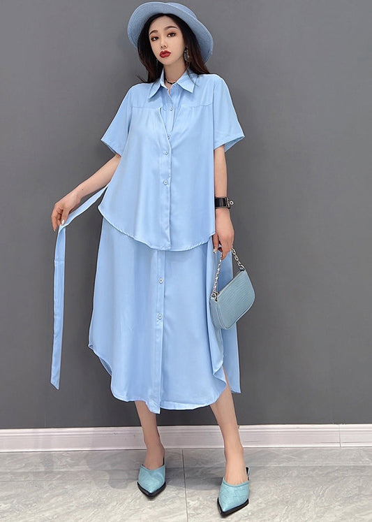 Stylish Blue Peter Pan Collar Patchwork Chiffon Fake Two Piece Shirt Dresses Short Sleeve