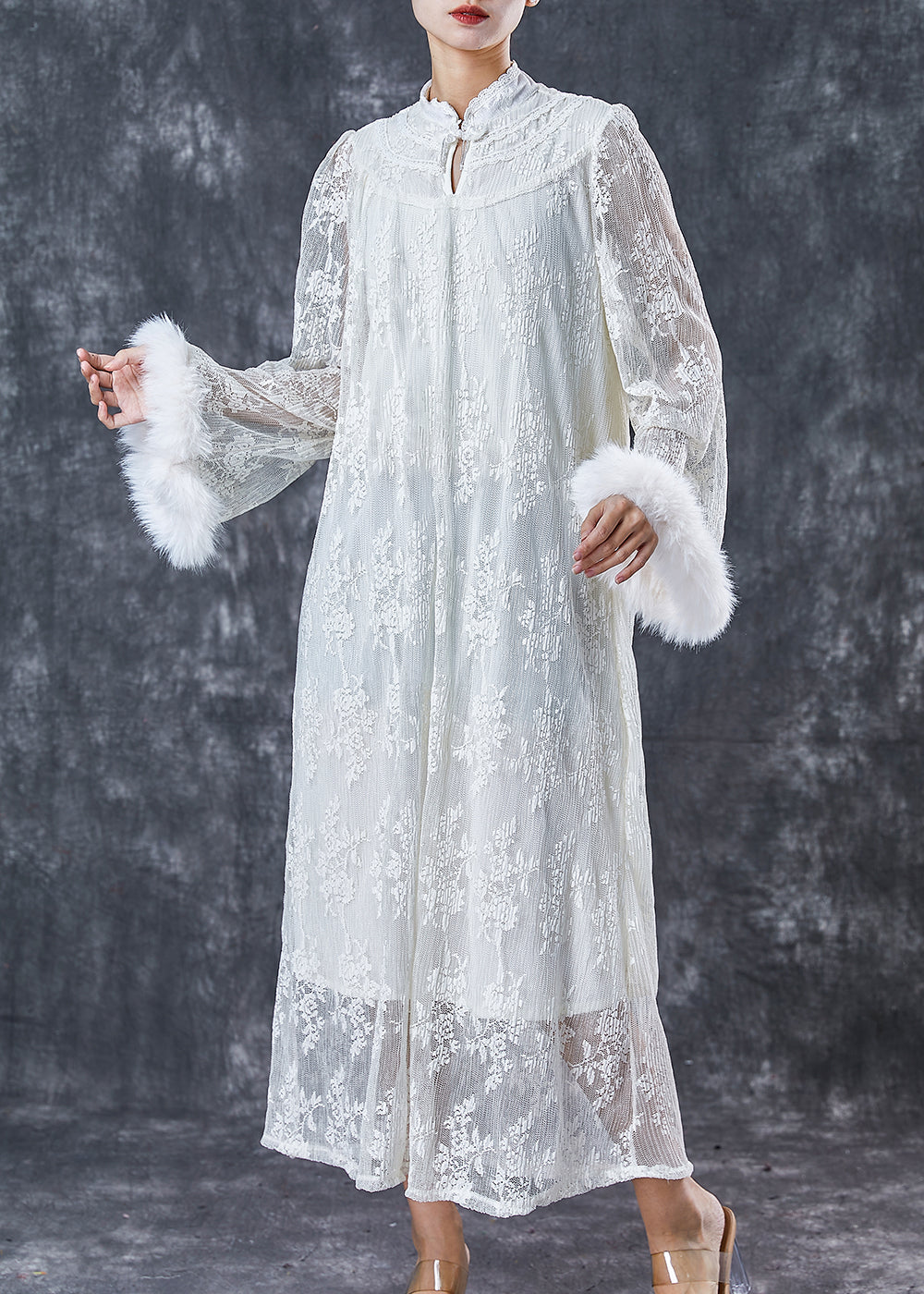 White Embroidered Patchwork Mink Hair Lace Dresses Spring