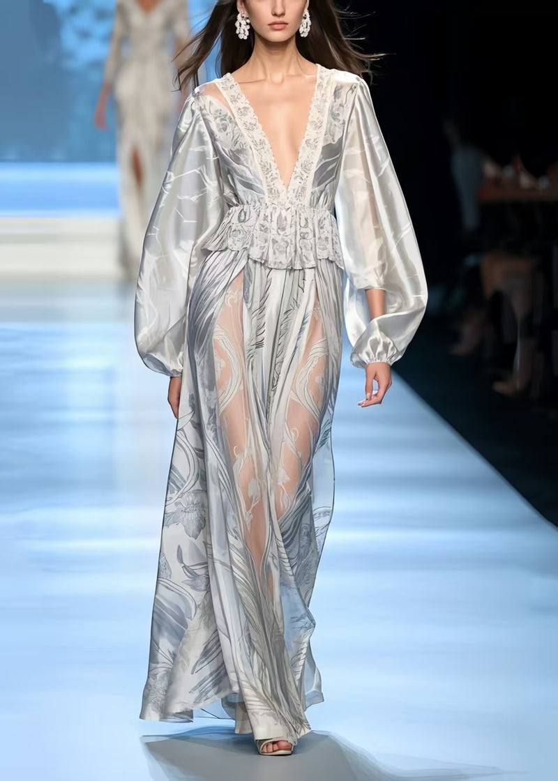 Boutique Grey Ruffled Print Silk Vacation Dresses Spring