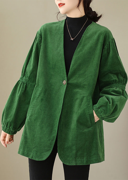 Green V Neck Button Pockets Corduroy Coats Fall
