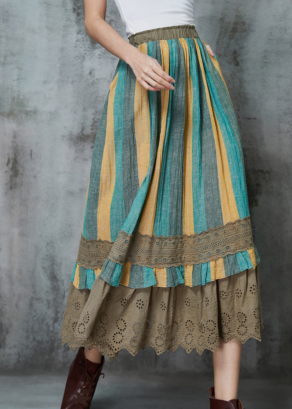 Green Striped Patchwork Linen Skirt Spring