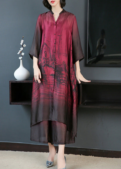 Red V Neck Print Silk Long Shirt Dress and Pants Two Pieces Set Summer