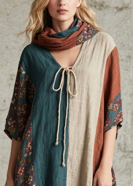 Colorblock V Neck Patchwork Cotton Long Dress Summer