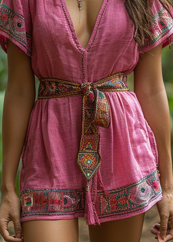 -pink-v-neck-lace-up-patchwork-cotton-mid-dresses-summer
